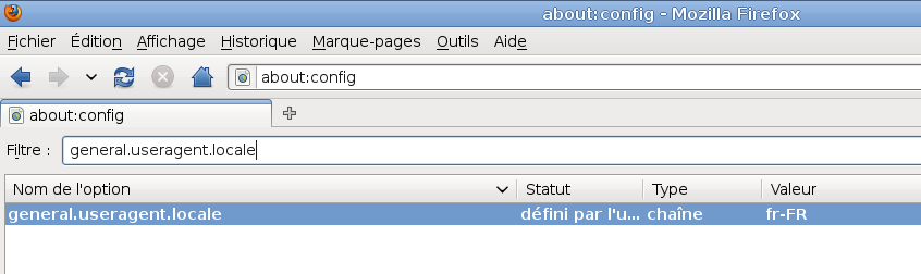 Sélection du paramètre "general.useragent.locale"